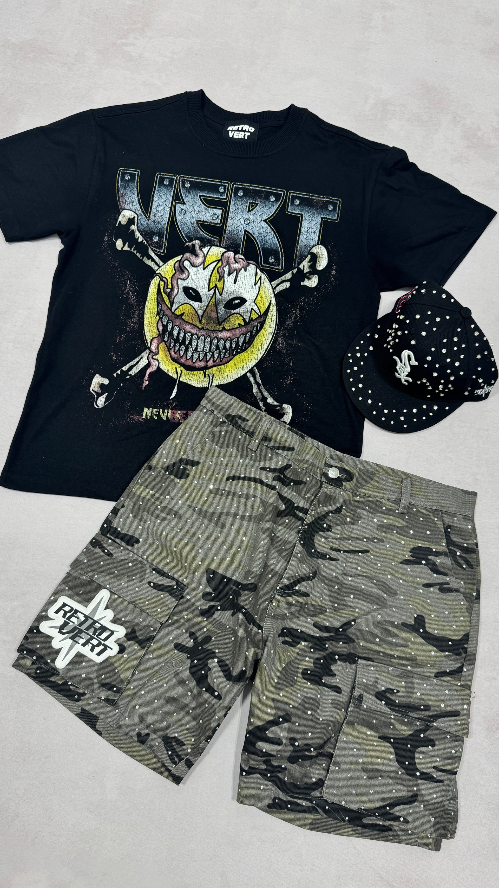 Rhinestone Camo Shorts - Grey