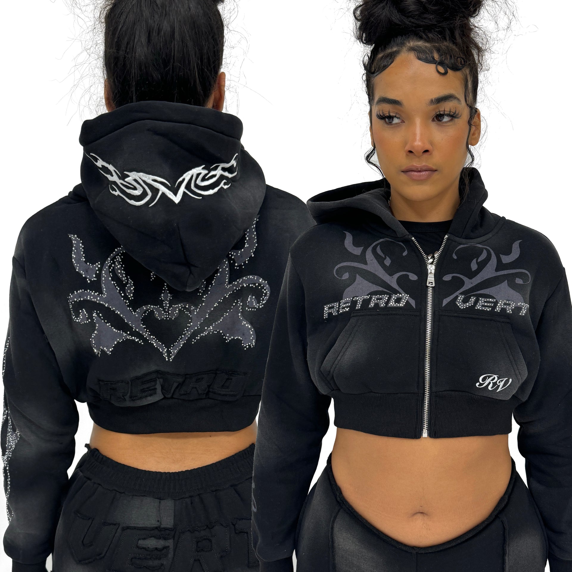 RETRO DISTRESSED CROPPED ZIP HOODIE BLACK