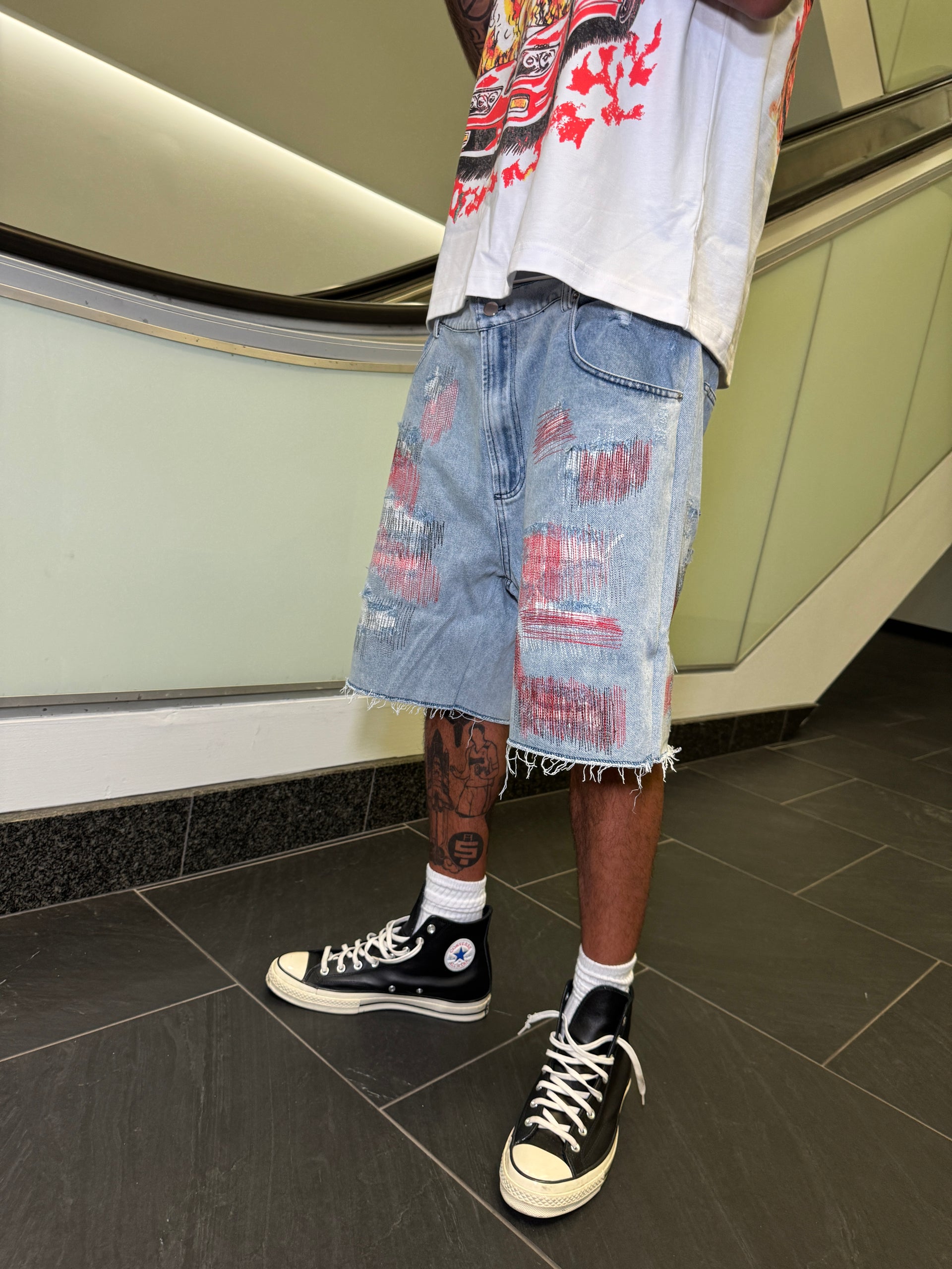 Red Distressed Denim Shorts