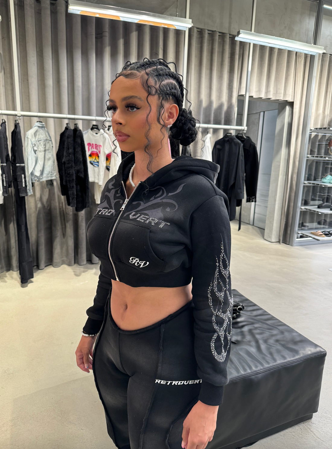 RETRO DISTRESSED CROPPED ZIP HOODIE BLACK